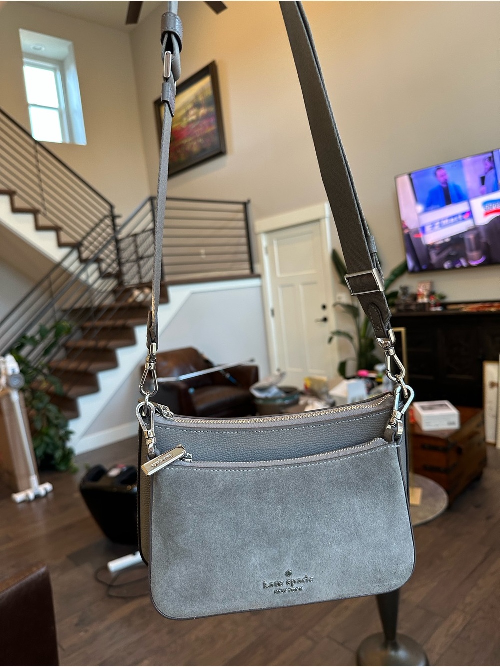 kate spade gray suede & leather crossbody bag